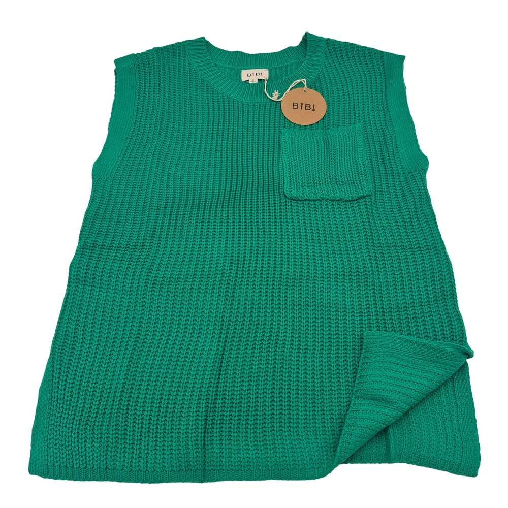 BiBi Green Chunky Knit Sweater Vest Crew Neck Pocket IT1000-01 NWT Small - Picture 2 of 6